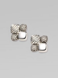 From the Chiclet Collection. Four squares of pavé diamonds, smooth sterling silver and cabled sterling silver are pieced together to make a stunning mosaic square. Diamonds, 0.26 tcw Sterling silver and black rhodium plated Length, about ½ Width, about ½ Post back Made in USA From the Chiclet Collection. Four squares of pavé diamonds, smooth sterling silver and cabled sterling silver are pieced together to make a stunning mosaic square. Diamonds, 0.26 tcw Sterling silver and black rhodium plated Length, about ½ Width, about ½ Post back Made in USA