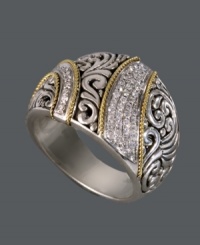 Make a statement of pure elegance. Balissima by Effy Collection's unique ribbon ring features a scrolling filigree setting and sparkling, round-cut diamonds (1/4 ct. t.w.). This statement ring is crafted in sterling silver with 18k gold accents. Size 7.