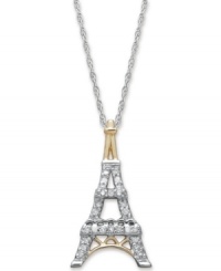 Ooh La La! Every Francophile simply must own this sparkling Eiffel Tower pendant. Crafted in sterling silver with 14k gold accents, this iconic structure receives a dazzling touch with the addition of round-cut diamonds (1/10 ct. t.w.). Approximate length: 18 inches. Approximate drop: 8/10 inch.