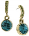 Drink in the elegance of these 2028 earrings. A stunning aqua-hued czech stone is complemented with green accents at the post. Approximate drop length: 1 inch. Approximate drop diameter: 1/4 inch.