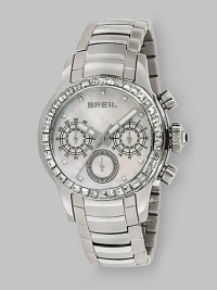 From the Logo Collection. An elegant chronograph in stainless steel with a lustrous mother-of-pearl dial and sparkling Swarovski crystal bezel and hour markers. Quartz movement Water resistant to 10 ATM Round stainless steel case, 37mm diameter (1.46) White mother-of-pearl dial Crystal hour markers Three chronograph sub dials Second hand Stainless steel link bracelet Imported From the Logo Collection. An elegant chronograph in stainless steel with a lustrous mother-of-pearl dial and sparkling Swarovski crystal bezel and hour markers. Quartz movement Water resistant to 10 ATM Round stainless steel case, 37mm diameter (1.46) White mother-of-pearl dial Crystal hour markers Three chronograph sub dials Second hand Stainless steel link bracelet Imported