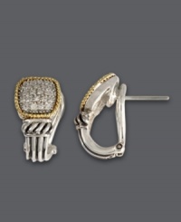 Simplicity meets refinement in these stunning studs. Effy Collection earrings feature sparkling round-cut diamonds (1/3 ct. t.w.) in an ornate sterling silver and 18k gold setting. Earrings have a stud post and clip backing. Approximate drop: 3/4 inch. Simplicity meets refinement in these stunning studs. Effy Collection earrings feature sparkling round-cut diamonds (1/3 ct. t.w.) in an ornate sterling silver and 18k gold setting. Earrings have a stud post and clip backing. Approximate drop: 3/4 inch.