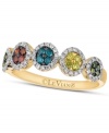 Simple shapes have never sparkled so bright! Le Vian's stunning mixberry ring feature a circular pattern of round-cut white diamonds (1/4 ct. t.w.), green diamonds (1/10 ct. t.w.), blue diamonds (1/8 ct. t.w.), red diamonds (1/10 ct. t.w.) and yellow diamonds (1/5 ct. t.w.). Set in 14k gold. Size 7.