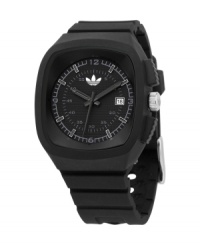 The dark ages. The Toronto watch by adidas is crafted with a black polyurethane strap and square plastic case. Black grid-patterned dial features silver numerals and stick indices at markers, date window at 3 o'clock, black hour, minute and second hands, and logo. Quartz movement. Water resistant to 50 meters. Two-year limited warranty. The dark ages. The Toronto watch by adidas is crafted with a black polyurethane strap and square plastic case. Black grid-patterned dial features silver numerals and stick indices at markers, date window at 3 o'clock, black hour, minute and second hands, and logo. Quartz movement. Water resistant to 50 meters. Two-year limited warranty.