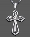 A pure and simple cross pendant in 14k white gold and diamond accents. Approximate length: 18 inches. Approximate drop: 1 inch.