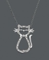 Stir up a feline frenzy with this glittery cat pendant. Necklace features round-cut diamond (1/10 ct. t.w.) in a sterling silver setting. Approximate length: 18 inches. Approximate drop: 1 inch.