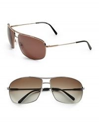 A classic look for any gentleman in lightweight metal with nylon lenses. Available in shiny bronze frames with brown lenses or dark ruthenium frames with polarized smoke lenses. Logo temple detail 100% UVA/UVB protective Made in Italy A classic look for any gentleman in lightweight metal with nylon lenses. Available in shiny bronze frames with brown lenses or dark ruthenium frames with polarized smoke lenses. Logo temple detail 100% UVA/UVB protective Made in Italy