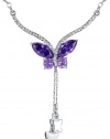 Rhinestones Studded Crystal Butterfly Whimsy Necklace W. Dangling Silver Stars Amethyst Purple - 2017801