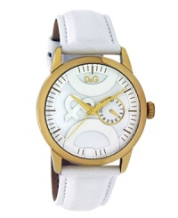 Spell it out. Your love for D&G is right on time with this chic watch. White leather strap and round gold ion-plated stainless steel case. White dial features gold tone stick indices, minute track, date subdial at three o'clock, three gold tone hands and large applied logo at length of center. Quartz movement. Water resistant to 30 meters. Limited lifetime warranty. Spell it out. Your love for D&G is right on time with this chic watch. White leather strap and round gold ion-plated stainless steel case. White dial features gold tone stick indices, minute track, date subdial at three o'clock, three gold tone hands and large applied logo at length of center. Quartz movement. Water resistant to 30 meters. Limited lifetime warranty.
