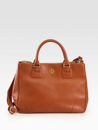 Vibrant saffiano leather in a convertible double zip-top carryall.Double top handles, 5 dropAdjustable removable shoulder strap, 21-23½ dropTop snap closureProtective metal feetTwo top zip compartmentsOne inside zip pocketTwo inside open pocketsFully lined13¾W X 10½H X 3½DImported Vibrant saffiano leather in a convertible double zip-top carryall.Double top handles, 5 dropAdjustable removable shoulder strap, 21-23½ dropTop snap closureProtective metal feetTwo top zip compartmentsOne inside zip pocketTwo inside open pocketsFully lined13¾W X 10½H X 3½DImported
