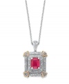 Royal etiquette. An emerald-cut ruby (2 ct. t.w.) sits front and center amidst two rows of round-cut diamonds (3/8 ct. t.w.). Set in 14k white gold with 14k rose gold corners. Approximate length: 18 inches. Approximate drop: 1 inch.