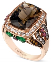 A spectacular spectrum from Le Vian. This cushion-cut ring, set in 14k rose gold, shows a vibrant touch with pear-shaped tsavorite (3/4 ct. t.w.), and round-cut rhodolite (1/5 ct. t.w.), citrine (1/5 ct. t.w.), white topaz (3/8 ct. t.w.) and blue topaz (1/4 ct. t.w.). Smokey quartz (5-1/2 ct. t.w.) enhances the appeal. Size 7.