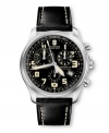 Embrace the universal truth that a classic never goes out of style with Victorinox Swiss Army's handsome Infantry Vintage watch. Black leather strap with contrast stitching and round stainless steel case with anti-reflective sapphire crystal. Black chronograph dial features telemeter scale at outer ring, cream numerals at markers, date window at four o'clock, three subdials, logo and cream accents. Swiss quartz movement. Water resistant to 100 meters. Three-year limited warranty.