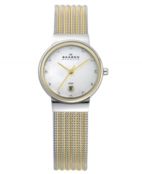 Take Swarovski sparkle on-the-go with this two-tone mesh watch from Skagen Denmark. Take Swarovski sparkle on-the-go with this two-tone mesh watch from Skagen Denmark.