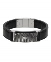 For a look that's fresh off the cover of GQ. Make a simple, yet sophisticated, statement in this stylish Emporio Armani bracelet. A mesh-textured logo plate in stainless steel stands out against a black leather band. Approximate length: 7-1/2 inches.