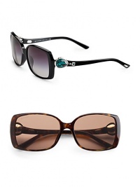 Acetate square frames with lavish stone embellished temples inspired by the one-of-a-kind Bvlgari emerald earrings sold in 2010. Available in black with emerald colored stone and grey gradient lens or havana with citrine colored stone and brown lens.UV 400 lens Made in Italy Acetate square frames with lavish stone embellished temples inspired by the one-of-a-kind Bvlgari emerald earrings sold in 2010. Available in black with emerald colored stone and grey gradient lens or havana with citrine colored stone and brown lens.UV 400 lens Made in Italy