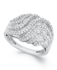 Subtly sparkling and precisely detailed, this elegant ring is boldly dramatic yet timeless. Crafted in sterling silver with round and baguette-cut diamonds (1 ct. t.w.). Size 7. Subtly sparkling and precisely detailed, this elegant ring is boldly dramatic yet timeless. Crafted in sterling silver with round and baguette-cut diamonds (1 ct. t.w.). Size 7.