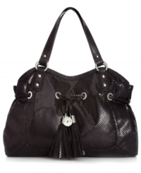 Lady-like with a little attitude, this satchel silhouette from Nine West is all about the allure. Faux python-embossed leather is dressed up in shiny, silver-tone hardware, flirty tassels and edgy stud accents, while the interior is all about organization with plenty of pockets to stash your everyday essentials. Lady-like with a little attitude, this satchel silhouette from Nine West is all about the allure. Faux python-embossed leather is dressed up in shiny, silver-tone hardware, flirty tassels and edgy stud accents, while the interior is all about organization with plenty of pockets to stash your everyday essentials.