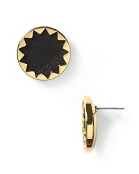 Designed by Nicole Richie, an adorable pair of sunburst button earrings is adorned with black leather and shiny 14 kt. yellow gold plating. Designed by Nicole Richie, an adorable pair of sunburst button earrings is adorned with black leather and shiny 14 kt. yellow gold plating.