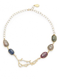 THE LOOKMulti-colored sapphire detailsBranch accent18k yellow goldplated brassHook claspTHE MEASUREMENTPendant length, about .75Length, about 18ORIGINMade in USA THE LOOKMulti-colored sapphire detailsBranch accent18k yellow goldplated brassHook claspTHE MEASUREMENTPendant length, about .75Length, about 18ORIGINMade in USA