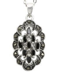 Midnight shine. This City by City pendant necklace takes charge with a curved, oval design accented by glittering marcasite and cubic zirconia (1-1/3 ct. t.w.) Crafted in antique silver tone mixed metal. Nickel-free for sensitive skin. Approximate length: 15 inches + 3-inch extender. Approximate drop: 1 inches. Midnight shine. This City by City pendant necklace takes charge with a curved, oval design accented by glittering marcasite and cubic zirconia (1-1/3 ct. t.w.) Crafted in antique silver tone mixed metal. Nickel-free for sensitive skin. Approximate length: 15 inches + 3-inch extender. Approximate drop: 1 inches.