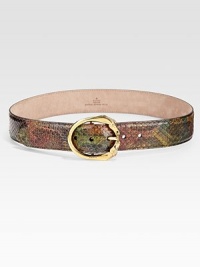 Rainbow python leather embellished with a round horse head buckle with antique gold hardware.About 1.6 wideMade in Italy Rainbow python leather embellished with a round horse head buckle with antique gold hardware.About 1.6 wideMade in Italy
