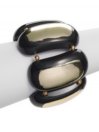 THE LOOKLarge rounded rectangle beadsSmall bead spacers Faux gold leaf accentsResinStretch designTHE MEASUREMENTWidth, about 2¼ORIGINImported THE LOOKLarge rounded rectangle beadsSmall bead spacers Faux gold leaf accentsResinStretch designTHE MEASUREMENTWidth, about 2¼ORIGINImported