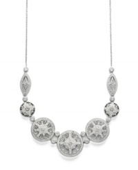 All eyes on you. Eliot Danori's Circular Chic Frontal Necklace is a total head-turner. An intricate, scrolling pattern bedecked with sparkling crystals and cubic zirconias (1 ct. t.w.) make this piece an instant classic. Crafted in silver tone mixed metal. Approximate length: 16 inches + 2-inch extender. Approximate drop: 2-1/2 inches. All eyes on you. Eliot Danori's Circular Chic Frontal Necklace is a total head-turner. An intricate, scrolling pattern bedecked with sparkling crystals and cubic zirconias (1 ct. t.w.) make this piece an instant classic. Crafted in silver tone mixed metal. Approximate length: 16 inches + 2-inch extender. Approximate drop: 2-1/2 inches.