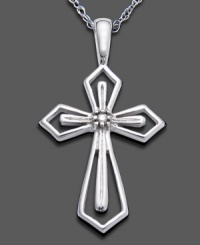A pure and simple cross pendant in 14k white gold and diamond accents. Approximate length: 18 inches. Approximate drop: 1 inch. A pure and simple cross pendant in 14k white gold and diamond accents. Approximate length: 18 inches. Approximate drop: 1 inch.