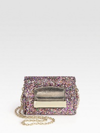 From the 24:7 Collection. Dazzling mini flap-front design of glitter-drenched leather.Detachable chain shoulder strap, 24 dropFlap over zip closureOne inside open pocketFully lined5W X 4H X 2DMade in Italy From the 24:7 Collection. Dazzling mini flap-front design of glitter-drenched leather.Detachable chain shoulder strap, 24 dropFlap over zip closureOne inside open pocketFully lined5W X 4H X 2DMade in Italy