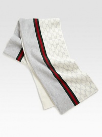 Knit GG pattern scarf with signature web detail. Green/red/green web 10 X 79 70% wool/30% cashmere Dry clean Made in Italy Knit GG pattern scarf with signature web detail. Green/red/green web 10 X 79 70% wool/30% cashmere Dry clean Made in Italy