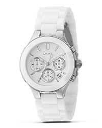 White stands out as the color of choice for watches this summer. Here, DKNY reinterprets the chronograph into a modern design with a date window, stick indices and a sweep second hand. White stands out as the color of choice for watches this summer. Here, DKNY reinterprets the chronograph into a modern design with a date window, stick indices and a sweep second hand.