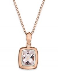 Blushing beauty. This pretty pendant features a cushion shape that highlights a pink amethyst (4-3/4 ct. t.w.) with a 14k rose gold bezel setting and matching chain. Approximate length: 18 inches. Approximate drop: 1/2 inch. Blushing beauty. This pretty pendant features a cushion shape that highlights a pink amethyst (4-3/4 ct. t.w.) with a 14k rose gold bezel setting and matching chain. Approximate length: 18 inches. Approximate drop: 1/2 inch.