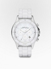 A superb everyday style unites a functional chronograph dial a with silicone bracelet and Marc's signature modern details. Round bezel Quartz movement Three-eye chronograph functionality Water resistant to 5 ATM Date function at 4 o'clock Second hand Stainless steel case: 40mm (1.57) Silicone bracelet: 22mm (0.87) Deployment clasp Imported A superb everyday style unites a functional chronograph dial a with silicone bracelet and Marc's signature modern details. Round bezel Quartz movement Three-eye chronograph functionality Water resistant to 5 ATM Date function at 4 o'clock Second hand Stainless steel case: 40mm (1.57) Silicone bracelet: 22mm (0.87) Deployment clasp Imported