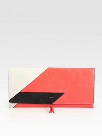 A graphic colorblock design in supple leather.Magnetic snap flap closureOne removable phone caseLeather lining13½W X 7H X ½DMade in Italy A graphic colorblock design in supple leather.Magnetic snap flap closureOne removable phone caseLeather lining13½W X 7H X ½DMade in Italy