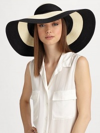 Graphic and glamorous, accented with a corded band.90% toyo paper/10% cottonCorded band with goldtone bolo endsBrim, about 6Hand washMade in USA of imported fabric Graphic and glamorous, accented with a corded band.90% toyo paper/10% cottonCorded band with goldtone bolo endsBrim, about 6Hand washMade in USA of imported fabric