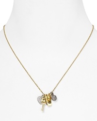 Charmed we're sure: Let MICHAEL Michael Kors lend your neckline a touch of the brand's signature glamor with this gold plated necklace, accented by delicate crystal charms. Charmed we're sure: Let MICHAEL Michael Kors lend your neckline a touch of the brand's signature glamor with this gold plated necklace, accented by delicate crystal charms.