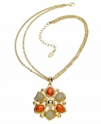 Unique, ornate and totally exotic. Inspire your style with multicultural designs by T Tahari. This intricate pendant features sand and coral resin beads in an intricate floral pattern. Setting and double chain crafted from gold tone mixed metal. Base metal is nickel free for sensitive skin. Approximate length: 18 inches + 3-inch extender. Approximate drop: 3-3/4 inches. Unique, ornate and totally exotic. Inspire your style with multicultural designs by T Tahari. This intricate pendant features sand and coral resin beads in an intricate floral pattern. Setting and double chain crafted from gold tone mixed metal. Base metal is nickel free for sensitive skin. Approximate length: 18 inches + 3-inch extender. Approximate drop: 3-3/4 inches.