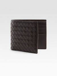 Elegant calfskin leather design with signature woven detail.Eight credit card slotsOne bill compartment4¼W x 3¾H x ½DMade in Italy Elegant calfskin leather design with signature woven detail.Eight credit card slotsOne bill compartment4¼W x 3¾H x ½DMade in Italy