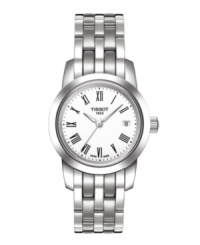 Every detail perfectly executed, Tissot's Classic Dream watch outlasts time and ever-changing trends. Stainless steel bracelet and round case. Crisp white dial features Roman numerals, date window at three o'clock, luminous hands and black logo. Swiss movement. Water resistant to 30 meters. Two-year limited warranty. Every detail perfectly executed, Tissot's Classic Dream watch outlasts time and ever-changing trends. Stainless steel bracelet and round case. Crisp white dial features Roman numerals, date window at three o'clock, luminous hands and black logo. Swiss movement. Water resistant to 30 meters. Two-year limited warranty.