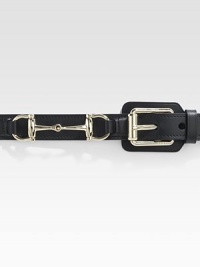 Square buckle with horsebit detail on a leather strap. Light gold hardware About 1 wide Made in Italy Square buckle with horsebit detail on a leather strap. Light gold hardware About 1 wide Made in Italy