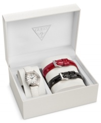 Change your style on the fly with this chic interchangeable watch set from GUESS. Change your style on the fly with this chic interchangeable watch set from GUESS.