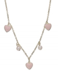 A loving look. Lily Nily's children's station necklace is set in 18k gold over sterling silver with pink enamel hearts and cultured freshwater pearls (5 mm) offering a feminine touch. Item comes packaged in a signature Lily Nily gift box. Approximate length: 16 inches. Approximate charm size: 3/8 inch. A loving look. Lily Nily's children's station necklace is set in 18k gold over sterling silver with pink enamel hearts and cultured freshwater pearls (5 mm) offering a feminine touch. Item comes packaged in a signature Lily Nily gift box. Approximate length: 16 inches. Approximate charm size: 3/8 inch.