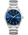 A unique take on a modern classic, this Bulova dress watch grabs attention with a mesmerizing blue dial.