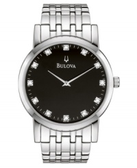 Put your best wrist forward every day with this superbly handsome watch from Bulova. Silvertone stainless steel bracelet and round case. Round black dial with logo and diamond accents at indices. Quartz movement. Water resistant to 30 meters. Three-year limited warranty. Put your best wrist forward every day with this superbly handsome watch from Bulova. Silvertone stainless steel bracelet and round case. Round black dial with logo and diamond accents at indices. Quartz movement. Water resistant to 30 meters. Three-year limited warranty.