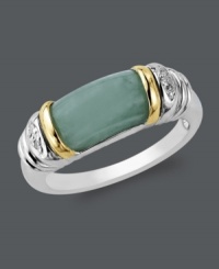 Sophistication and elegance combine in this stylish, yet versatile, piece. A barrel-shaped band highlights a rectangular jade stone (12 mm x 5-8/10 mm) and a 14k gold and sterling silver setting. Size 7.