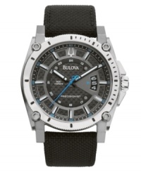 The ultimate sport watch for a man with a schedule. High-strength and lightweight Kevlar® combines with accuracy to ten seconds a year in this Bulova watch. Round titanium case and black Kevlar® strap. Lugs and cut-out markers at bezel. Carbon dial with applied index features luminous hour and minute hands, blue continuously sweeping second hand, date window at three o'clock, silvertone stick indices and logo. Quartz movement. Water resistant to 300 meters. Three-year limited warranty. The ultimate sport watch for a man with a schedule. High-strength and lightweight Kevlar® combines with accuracy to ten seconds a year in this Bulova watch. Round titanium case and black Kevlar® strap. Lugs and cut-out markers at bezel. Carbon dial with applied index features luminous hour and minute hands, blue continuously sweeping second hand, date window at three o'clock, silvertone stick indices and logo. Quartz movement. Water resistant to 300 meters. Three-year limited warranty.