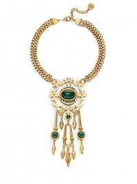THE LOOKPortofino collectionDouble chainTextured intricate pendantColored glass stonesTextured drop details24k electroplated gold settingLobster claspTHE MEASUREMENTPendant width, about 3Pendant length, about 6Length, about 15ORIGINMade in USA THE LOOKPortofino collectionDouble chainTextured intricate pendantColored glass stonesTextured drop details24k electroplated gold settingLobster claspTHE MEASUREMENTPendant width, about 3Pendant length, about 6Length, about 15ORIGINMade in USA