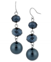 Good things come in threes. Kenneth Cole New York's triple drop earrings are crafted from silver-tone mixed metal with navy glass pearls and cherry beads coming together for a stylish statement. Item comes packaged in a signature Kenneth Cole New York Gift Box. Approximate drop: 2-1/4 inches. Good things come in threes. Kenneth Cole New York's triple drop earrings are crafted from silver-tone mixed metal with navy glass pearls and cherry beads coming together for a stylish statement. Item comes packaged in a signature Kenneth Cole New York Gift Box. Approximate drop: 2-1/4 inches.