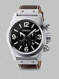 This style offers timepieces that are oversized for today's modern man, but steeped in the classics of traditional watch making tradition.Round bezelQuartz movementThree-eye chronograph functionalityWater resistant to 10 ATMDate function at 4 o'clockStainless steel case: 45mm (1.77)Second handLeather bandMade in Italy This style offers timepieces that are oversized for today's modern man, but steeped in the classics of traditional watch making tradition.Round bezelQuartz movementThree-eye chronograph functionalityWater resistant to 10 ATMDate function at 4 o'clockStainless steel case: 45mm (1.77)Second handLeather bandMade in Italy